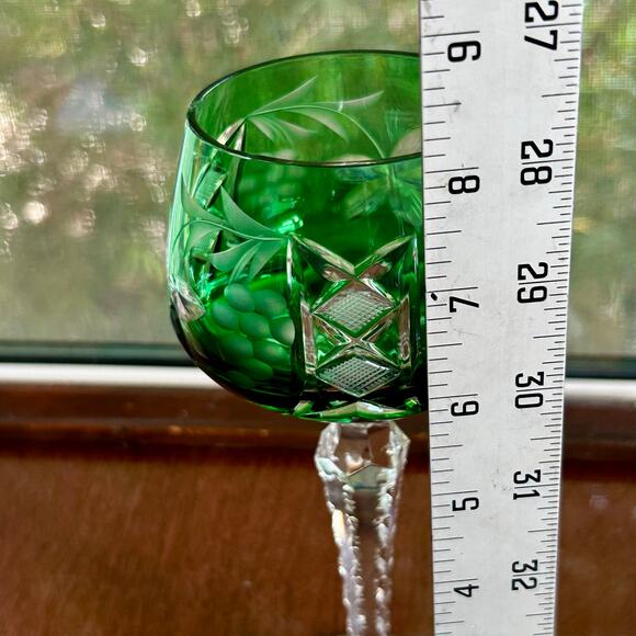 Vintage Traube-Style Emerald Green Cut-to-Clear Crystal Wine Hock Goblet - Picture 9 of 10